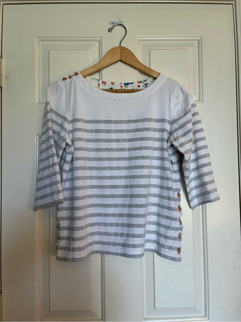 Maeve White and Light Gray Striped Button-Shoulder Top